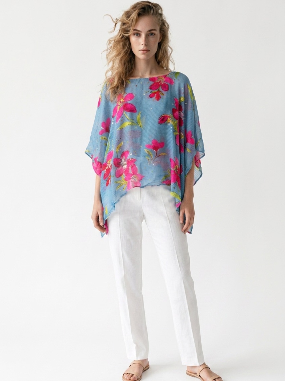 BY DESIGN | Artist Series Light Blue Floral Poncho Top Women’s One Size